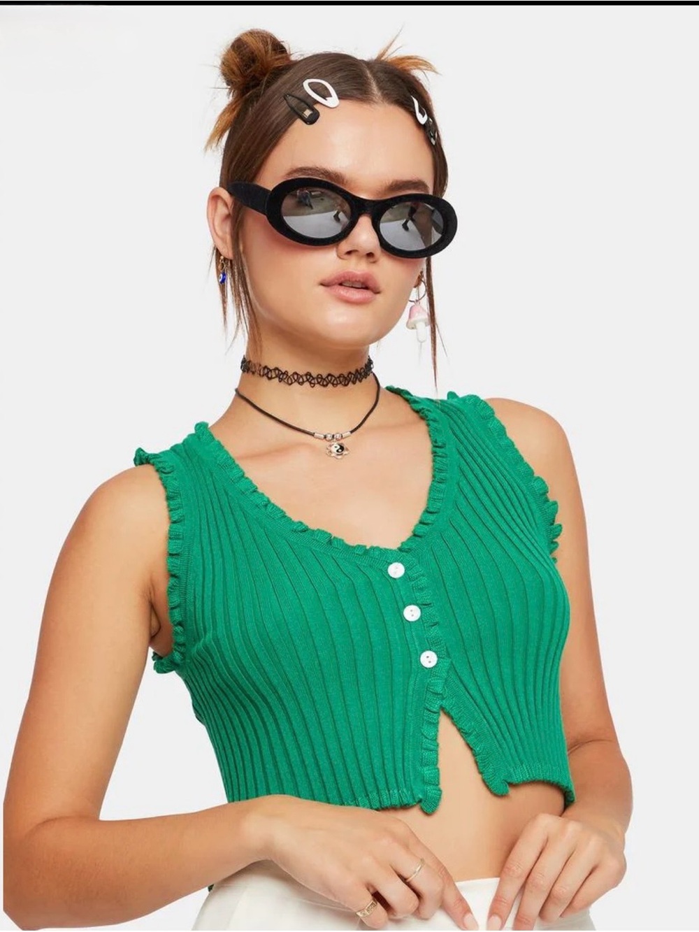 Cute! Green Cropped Top Cotton Candy  Ribbed V-Neck Button